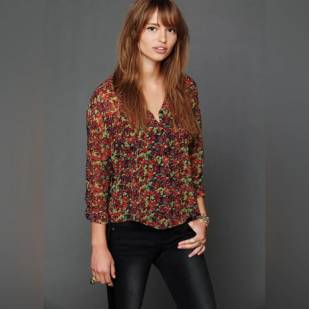 Free People Sheer button down floral shirt sz L - Picture 1 of 12